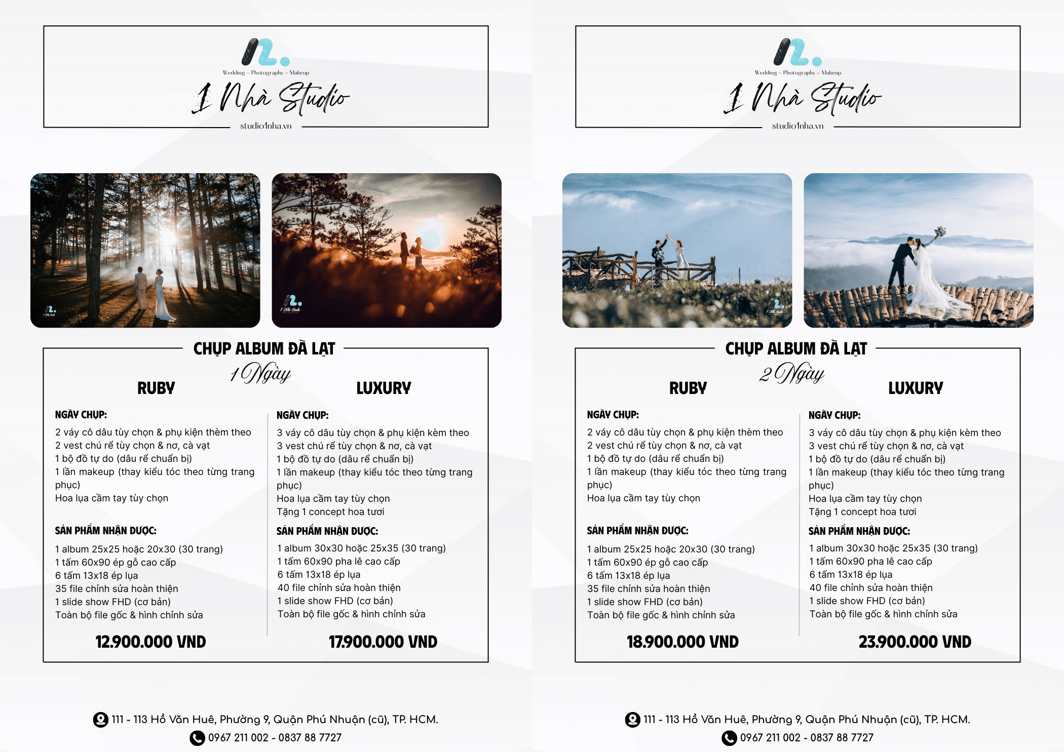 Bảng giá chụp ảnh cưới Đà Lạt của studio 1 Nhà chỉ từ 12 triệu